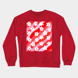 Pink and Red Groovy Flowers on Wavy Stripes Crewneck Sweatshirt